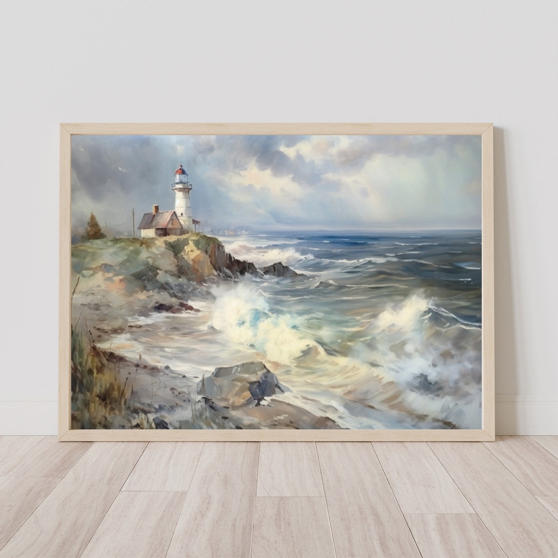 Lighthouse On Rocky Coast Crashing Waves Dramatic Seascape Poster