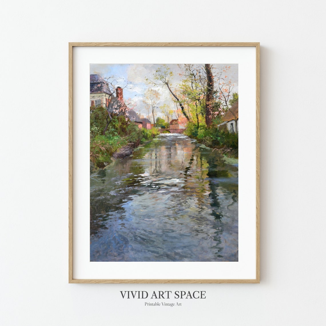 Riverside Village Spring Blossoms Impressionist Landscape Art Print