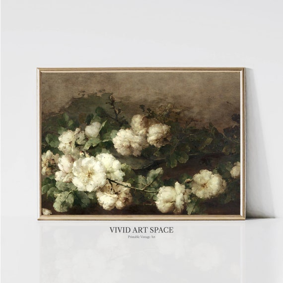 White Rose Vintage Art Print, Moody Floral Decor