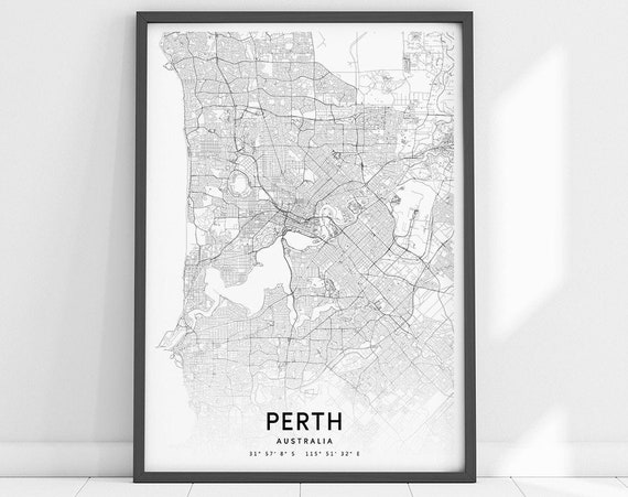 Perth Map Print Art Poster Australia City Street Black And White Modern Wall Office Decor