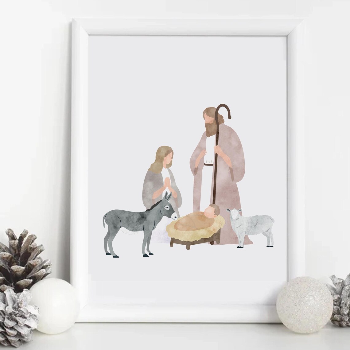 Watercolor Nativity With Donkey Sheep Mary Joseph and Baby Jesus Poster