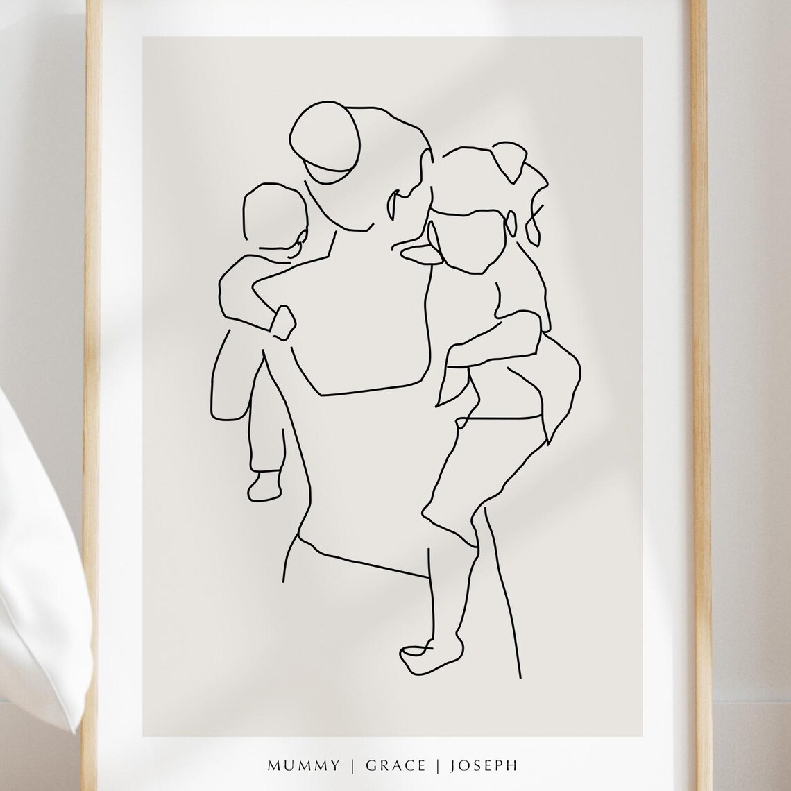 Personalized Mother Carrying Two Children One Line Art Poster