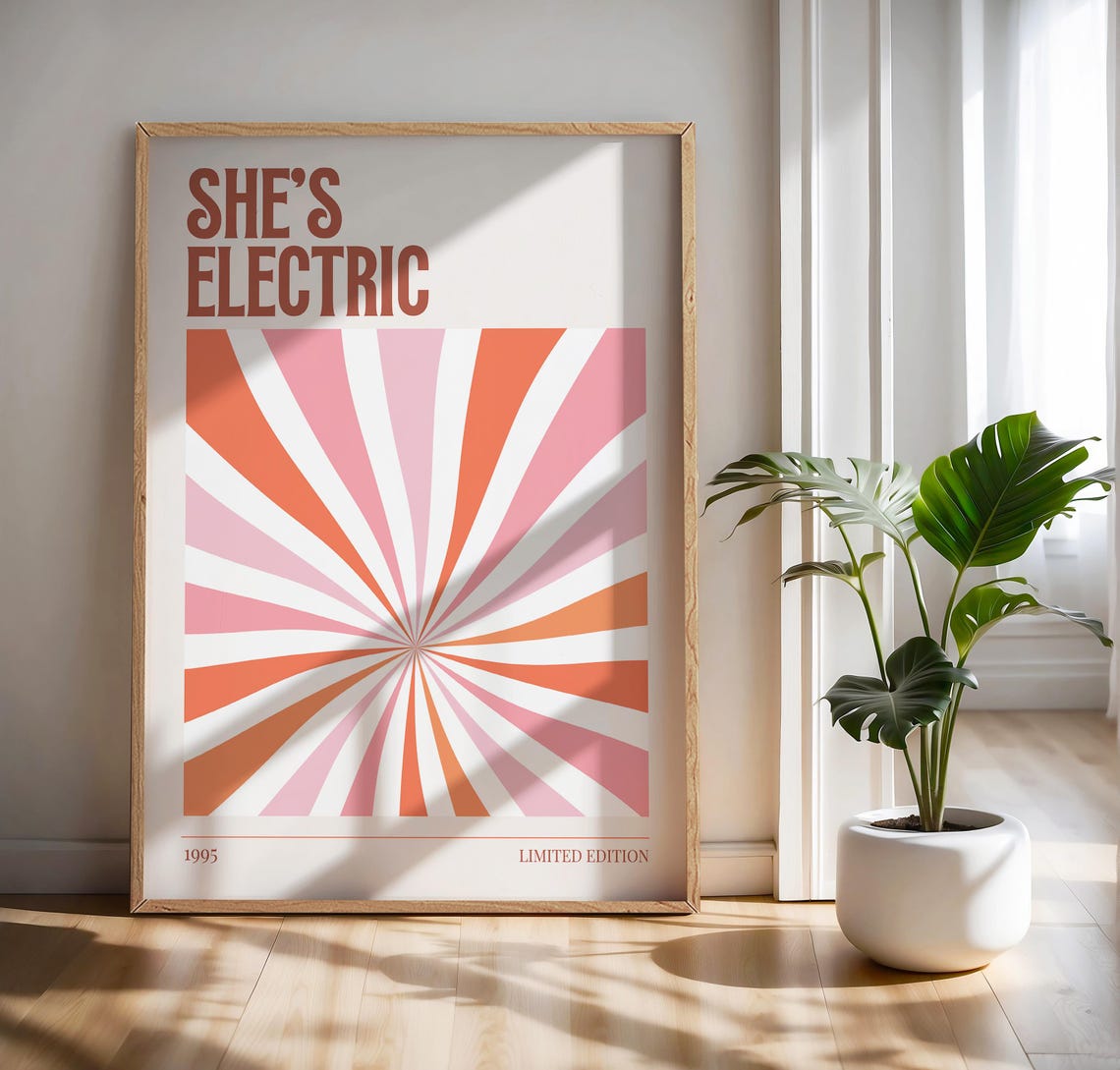 Oasis Shes Electric 1995 Britpop Pink Retro Sunburst Music Poster - Image 3