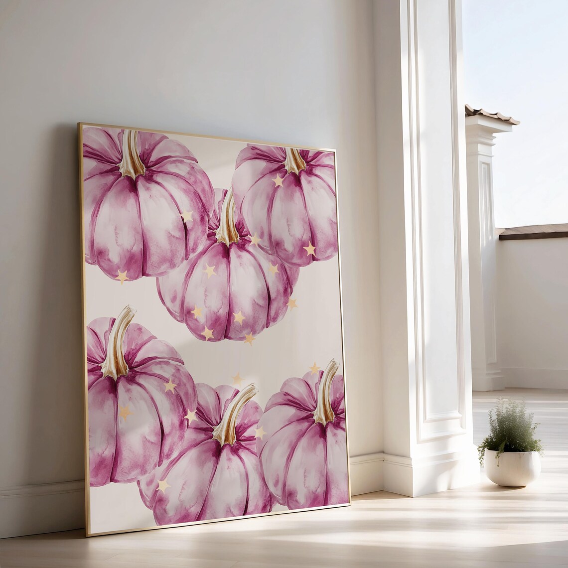 Pink Watercolor Pumpkins With Gold Stars Fall Halloween Seasonal Decor Poster - Image 2