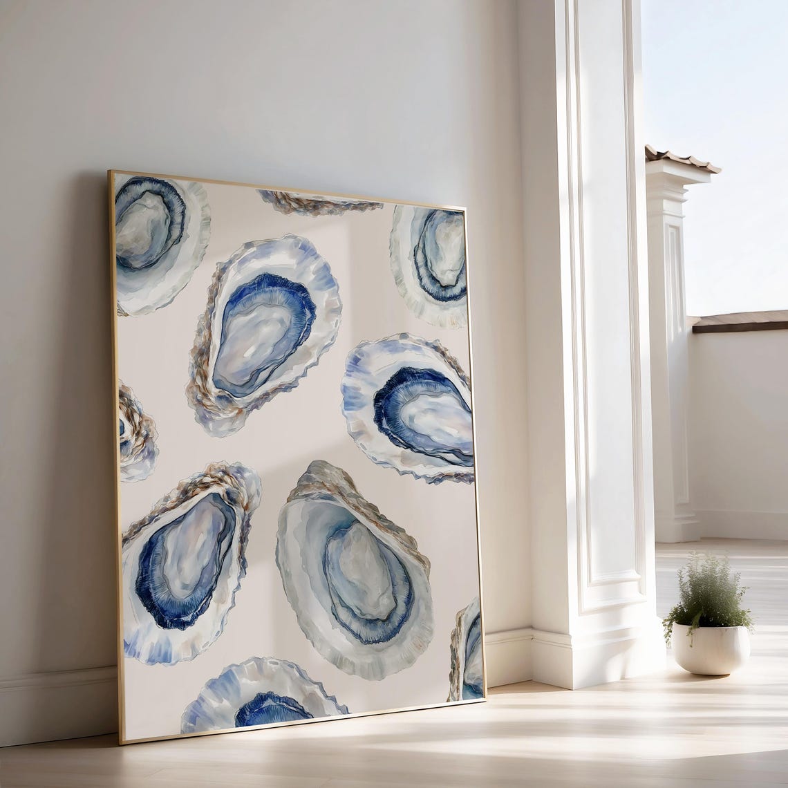 Beachy Blue Watercolor Oyster Shells Coastal Seafood Art Poster - Image 3