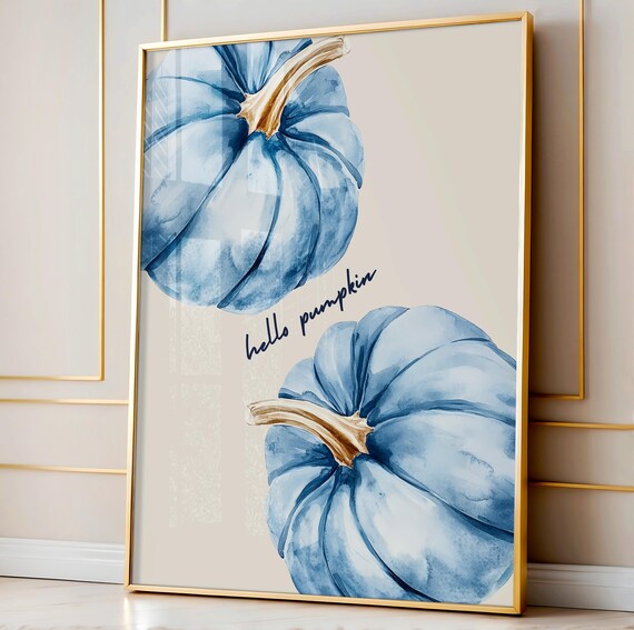 Hello Pumpkin Blue Watercolor Pumpkins Fall Autumn Halloween Decor Poster