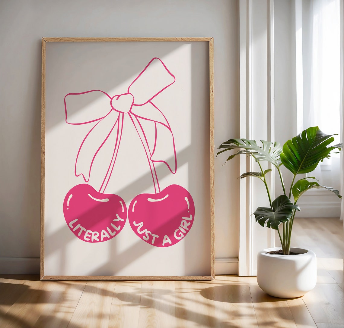 Literally Just a Girl Pink Cherry Bow Poster Coquette Decor Art