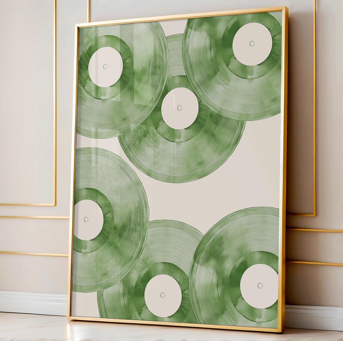 Green Watercolor Vinyl Records Cluster Retro Music Room Wall Art