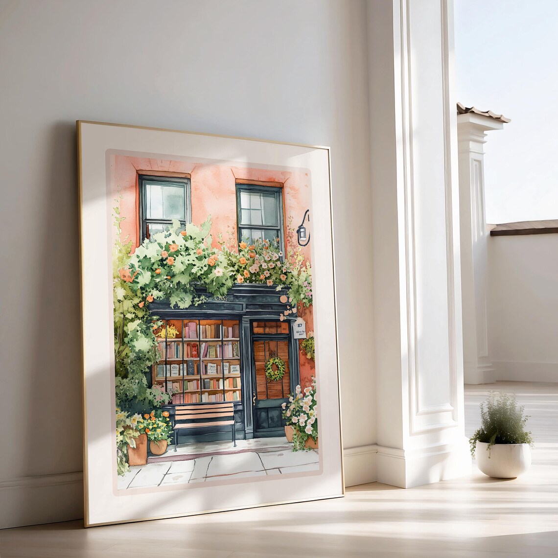 Cozy New York Bookshop Watercolor Floral Storefront Art Poster - Image 2