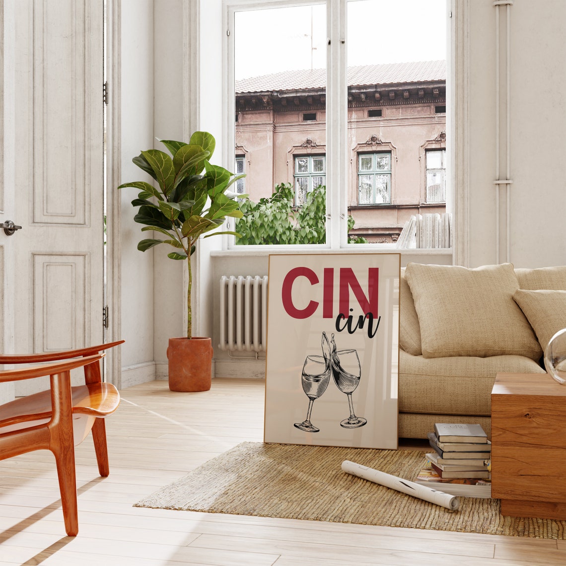 Cin Cin Cheers Poster with Clinking Wine Glasses Italian Bar Decor - Image 2