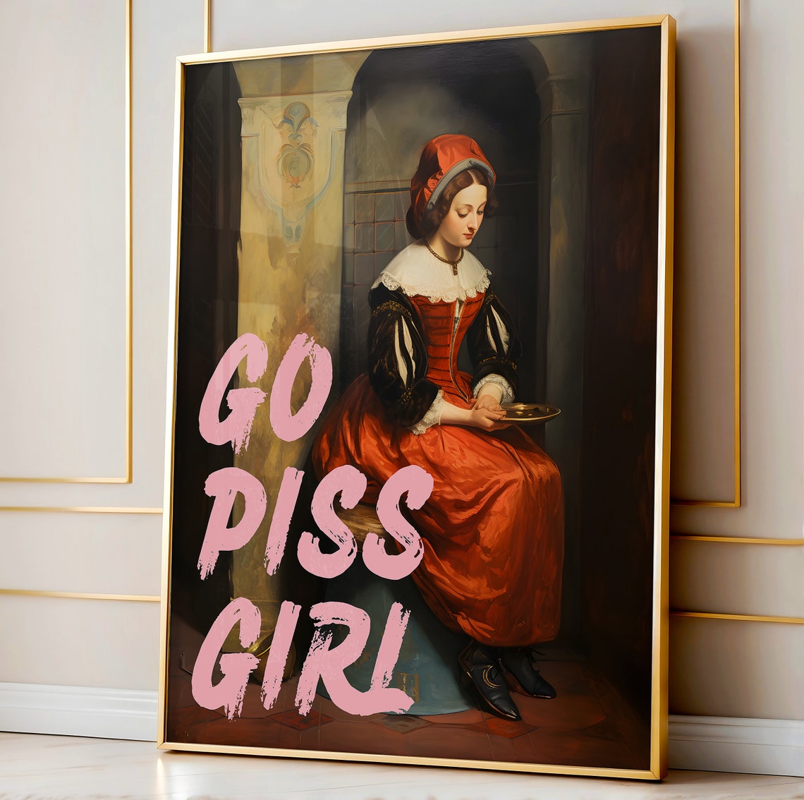 Pink Go Piss Girl Funny Classical Painting Humor Bathroom Poster