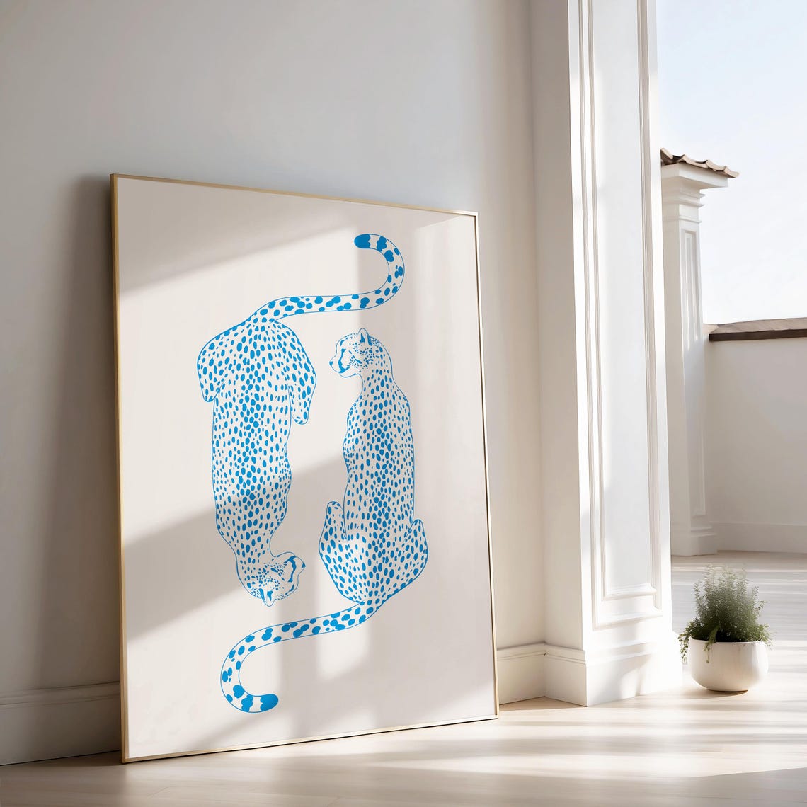 Two Blue Cheetahs Minimalist Wildlife Illustration Poster for Dorms - Image 3