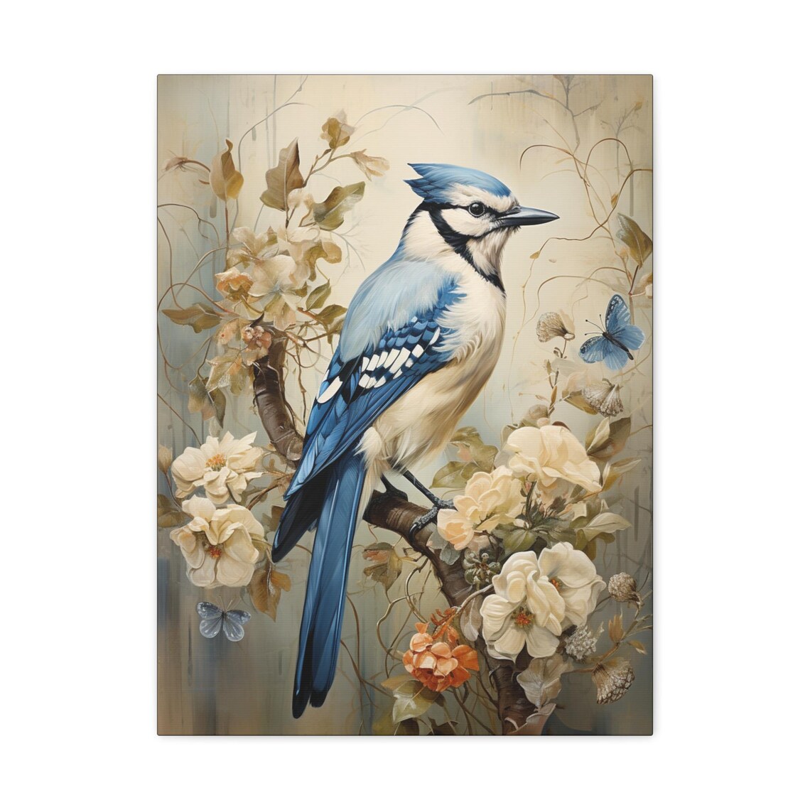Blue Jay Perched On Flowering Branch With Butterflies Vintage Style Poster
