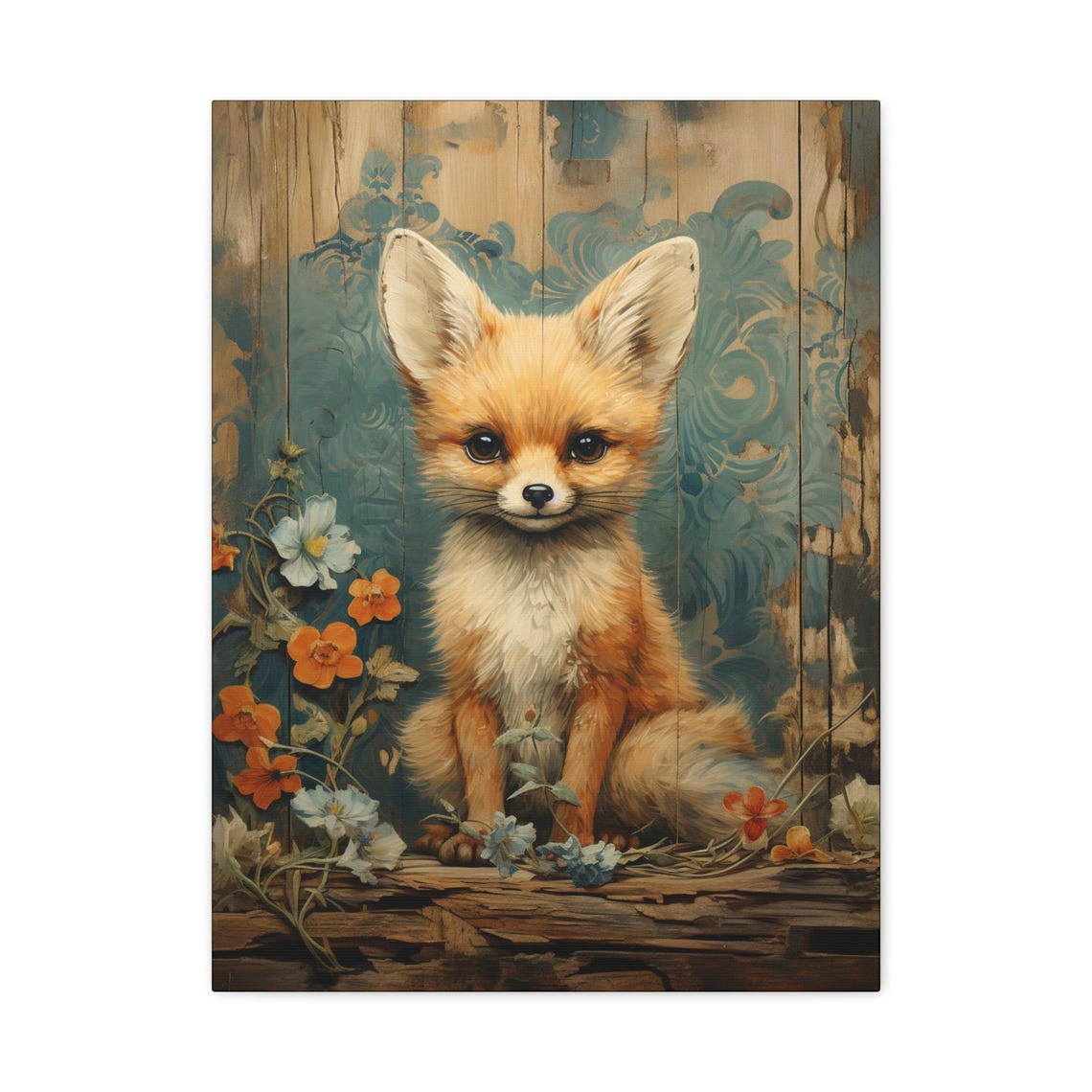 Cute Baby Fox Sitting Among Wildflowers On Rustic Wood Art Poster