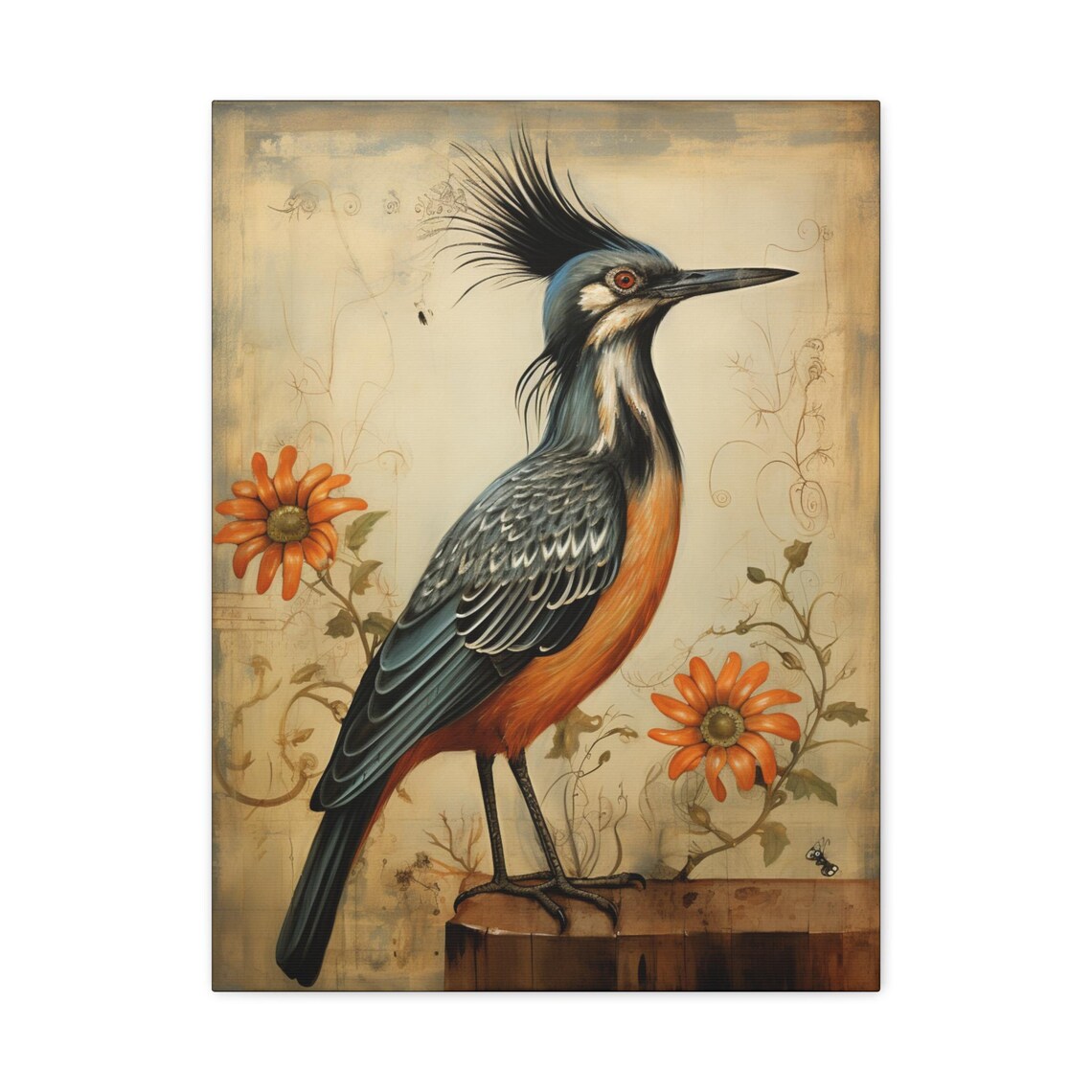 Vintage Roadrunner Bird Orange Floral Botanical Style Poster