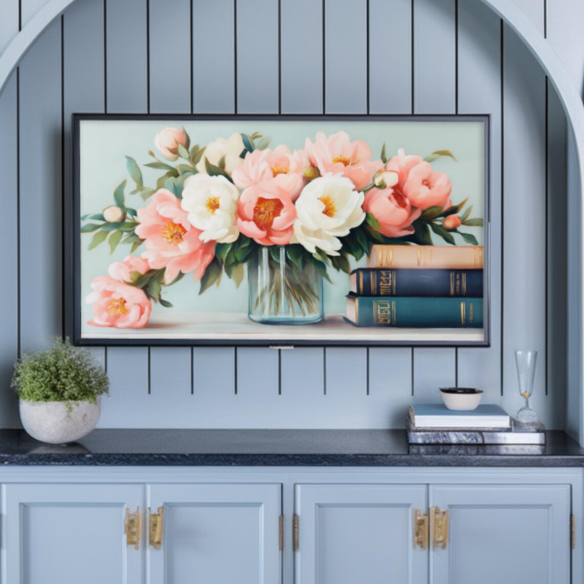Elegant Pink Peonies Glass Vase Vintage Books Frame TV Art Poster