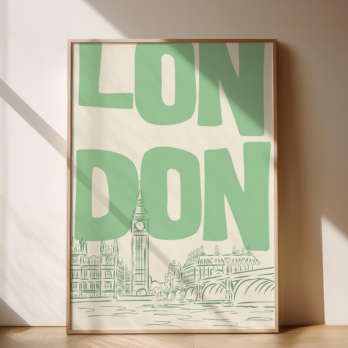 London Big Ben Westminster Sketch Green Retro City Travel Poster
