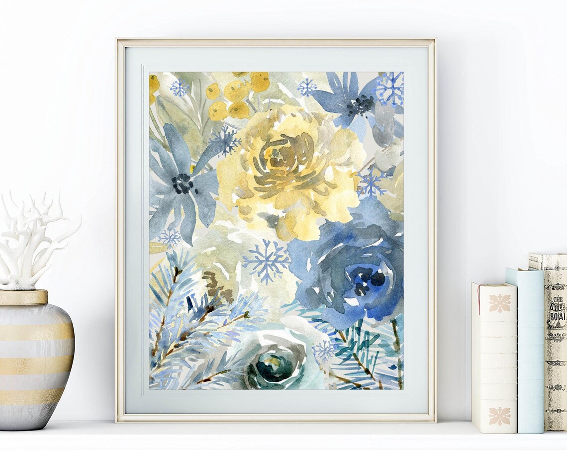 Frosty Blue Gold Winter Floral Collage Watercolor Snowflake Poster