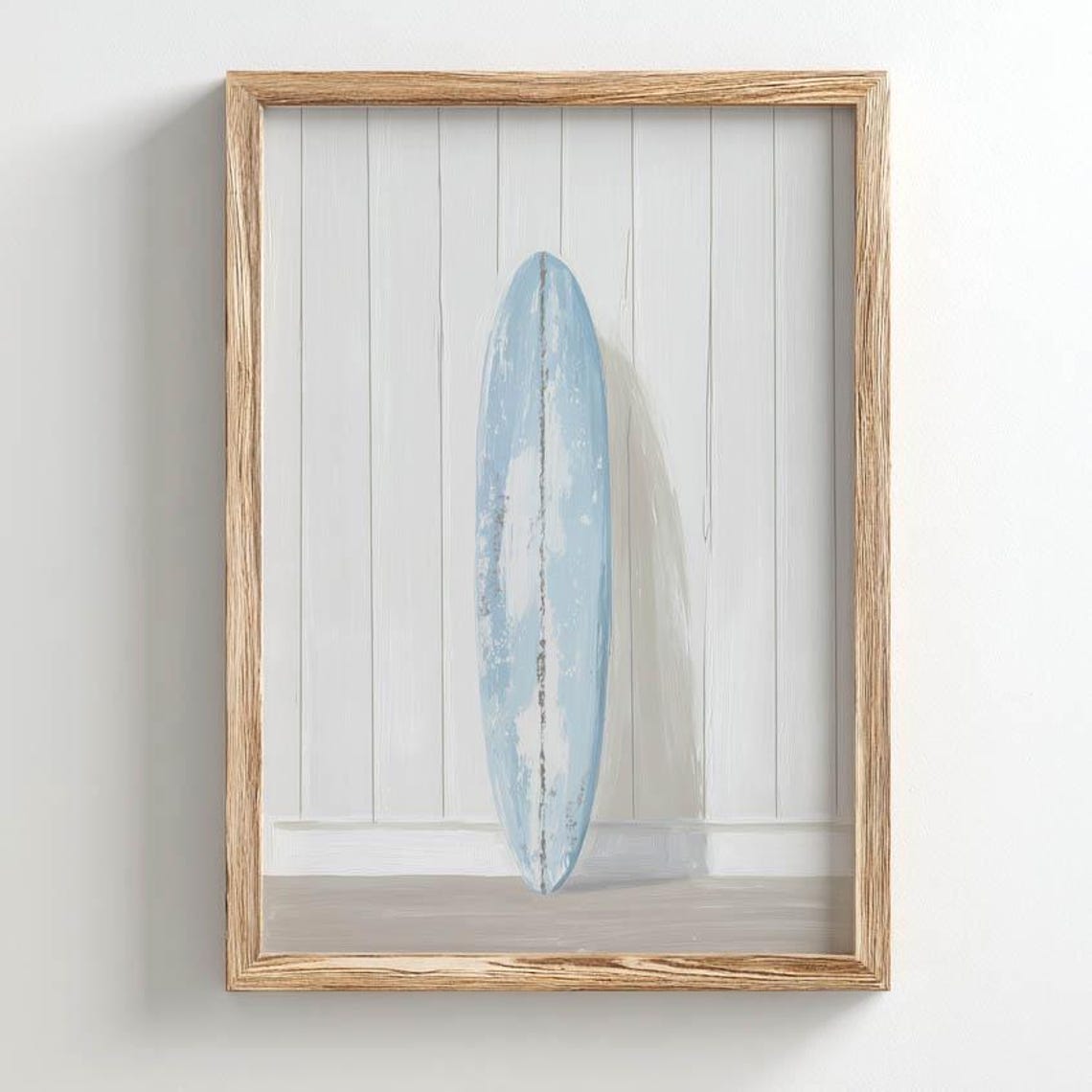 Distressed Blue Vintage Surfboard Against White Shiplap Wall Poster