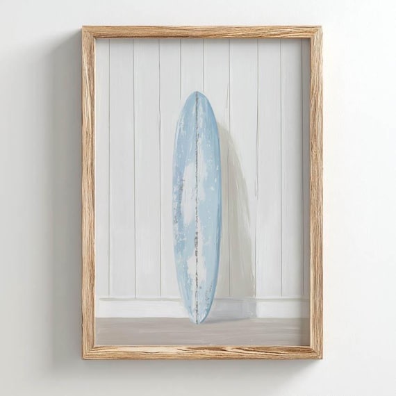 Printed Vintage Surfboard Against Shiplap Wall Coastal Beach House Art Rustic Surf Decor Nautical 0726