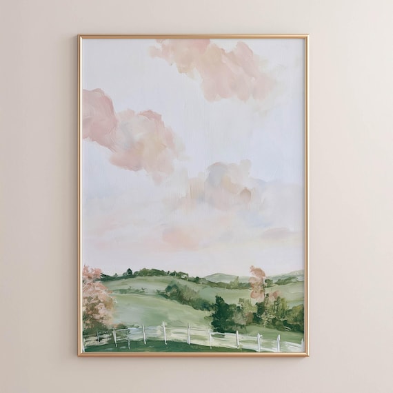 Printed Rolling Countryside Landscape With Soft Pink Clouds Rustic Pastoral Farmhouse Wall Art Cottagecore Decor Poster Print P762