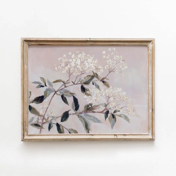 Vintage White Flowering Branch Printable Dusty Rose Cottage Wall Art Botanical Decor Digital Download 579