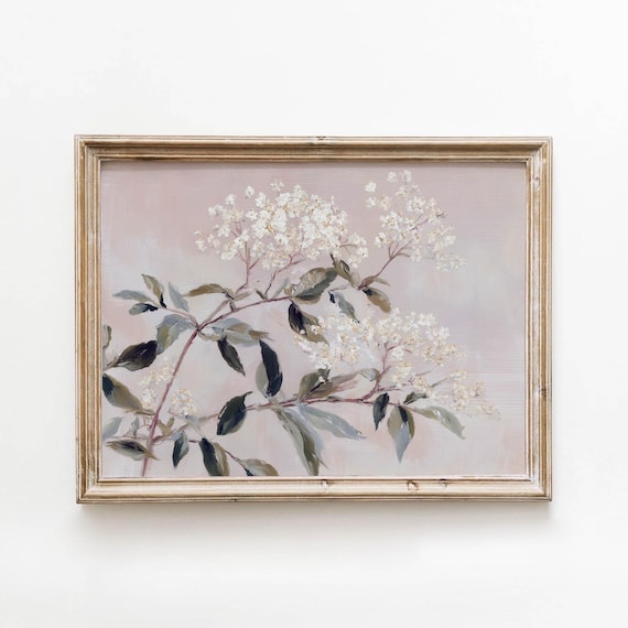 White Blossom Branch Vintage Botanical Dusty Rose Cottage Art Poster