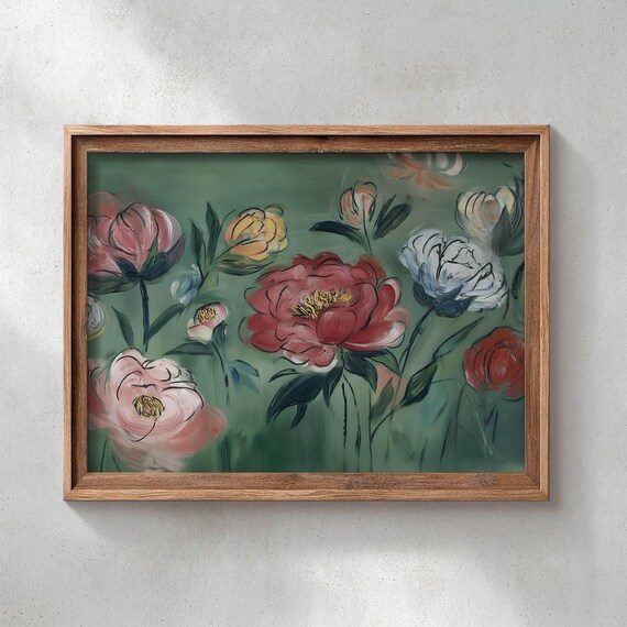 Peony Flowers Red Pink White Yellow Romantic Floral Oil Painting Poster