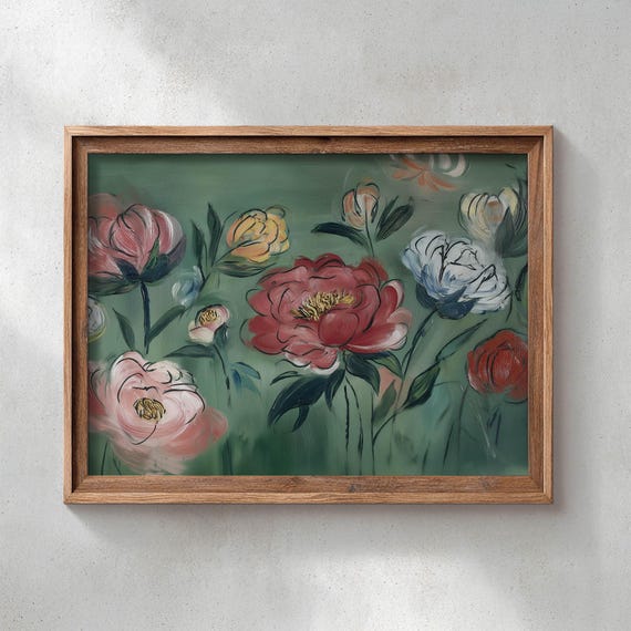 Printed Peony Flowers Poster Red Pink White Yellow Romantic Cottagecore Vintage Botanical Soft Green Background Floral Art P370