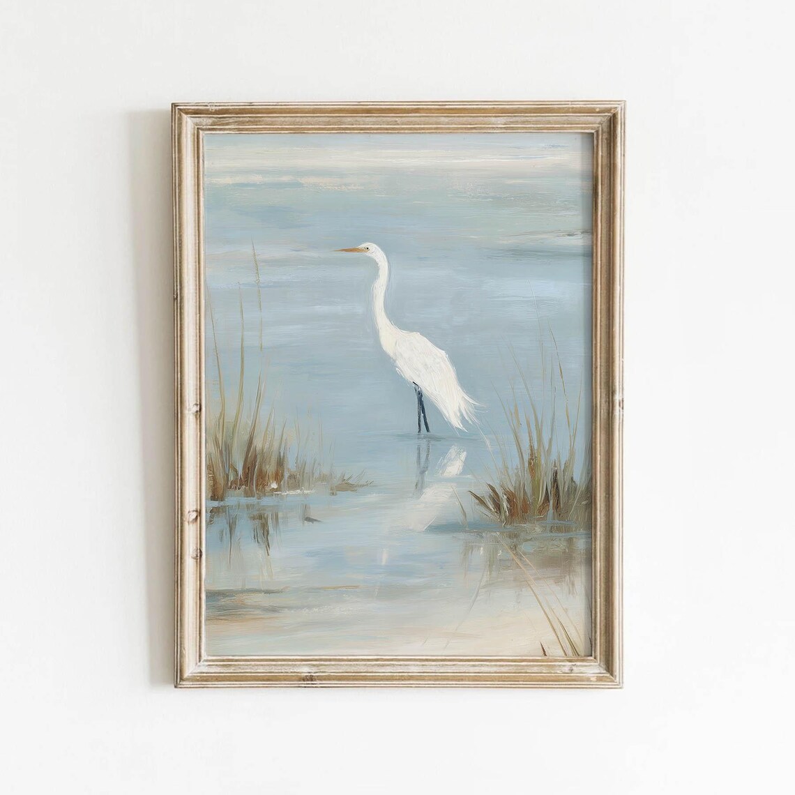 White Egret in a Coastal Marsh Vintage Style Soft Blue Neutral Art Print