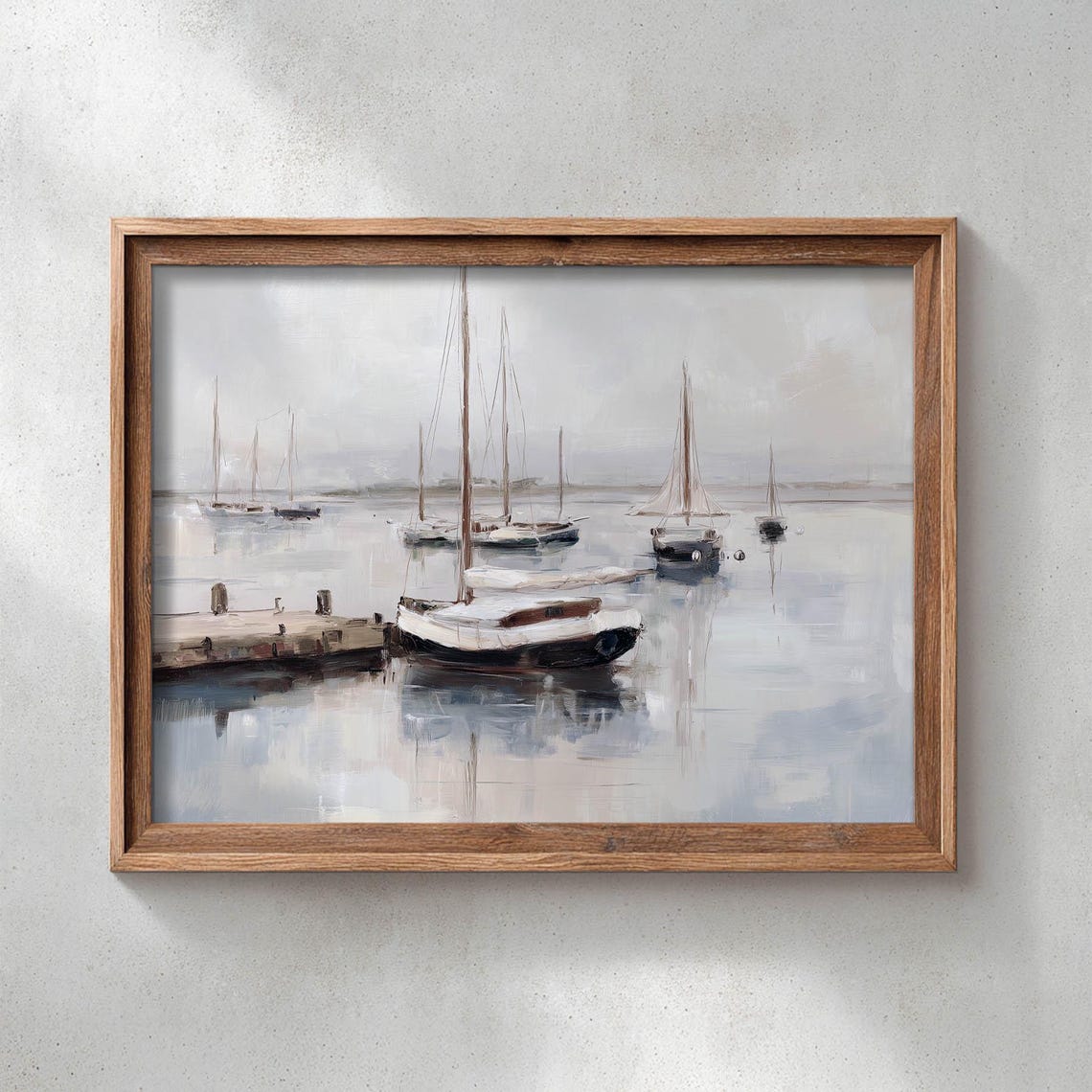 Moody Sailboats in Misty Gray Harbor Nautical Landscape Poster
