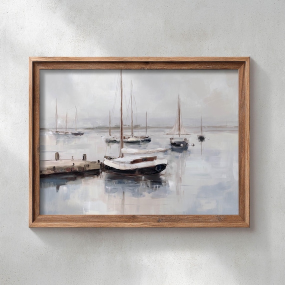 Moody Sailboats in Misty Gray Harbor Nautical Landscape Poster
