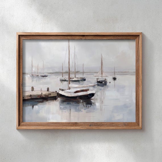 Printed Moody Sailboats Harbor Landscape Coastal Wall Art Vintage Nautical Painting Muted Blues Grays Decor P448