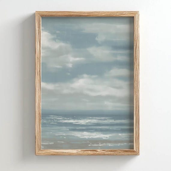 Printed Tranquil Seascape Calm Ocean Horizon Poster Print Muted Bluegray Sand Palette Coastal Moody Aesthetic Home Decor Wall Art P393