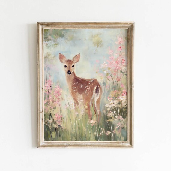 Sweet Baby Fawn Wildflower Meadow Pastel Cottagecore Deer Art Poster