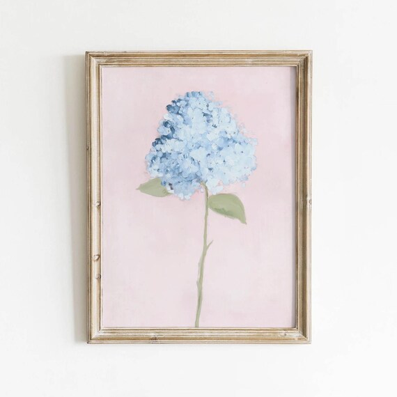 Blue Hydrangea Bloom On Blush Pink Single Stem Floral Painting Wall Art
