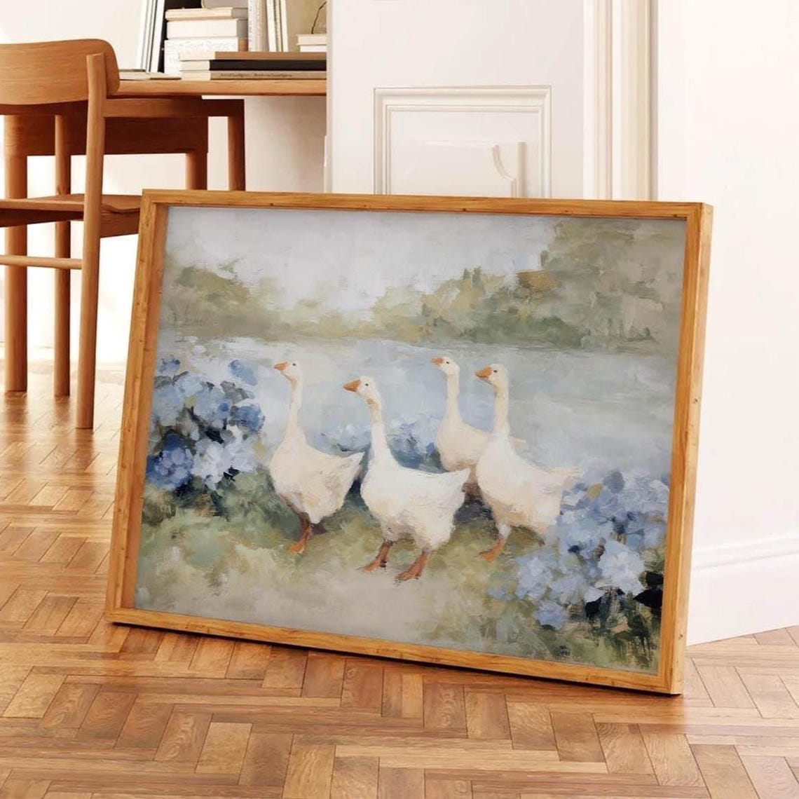 White Geese Blue Hydrangeas Cottagecore Garden Soft Neutral Wall Art