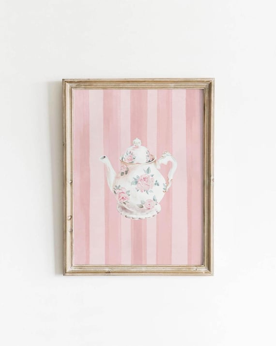 Blush Pink Striped Floral Teapot Coquette Watercolor Art Poster
