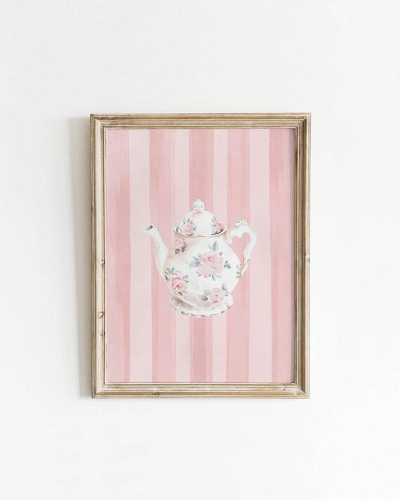 Floral Teapot Pink Coquette Wall Art Feminine Girly Nursery Decor Preppy Dorm Print Soft Pastel