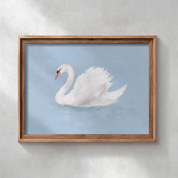 White Swan On Blue Water Art Print, Nursery Decor