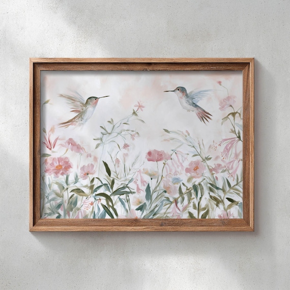 Hummingbirds in Wildflower Meadow Soft Pink Watercolor Bird Poster
