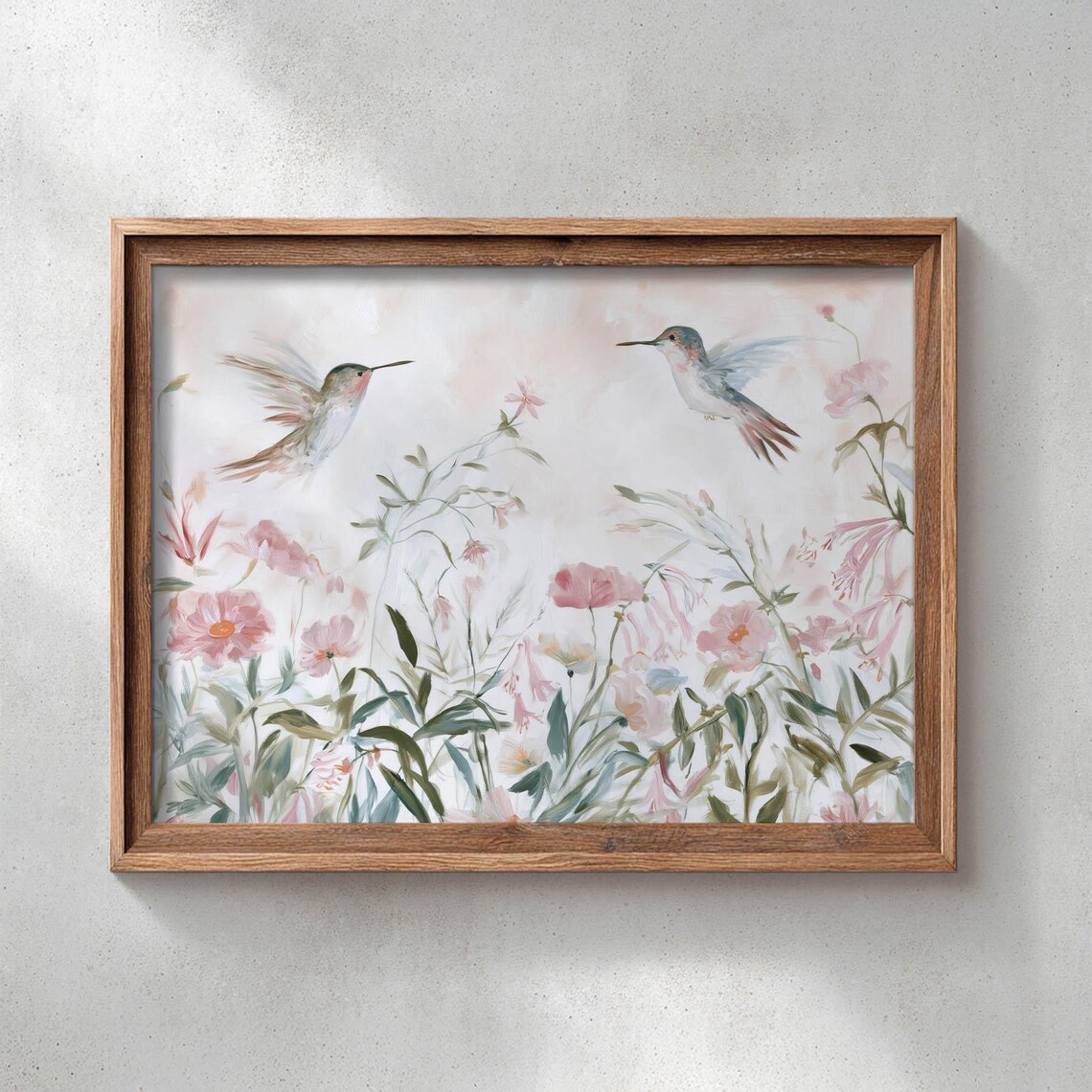 Hummingbirds in Wildflower Meadow Soft Pink Watercolor Bird Poster