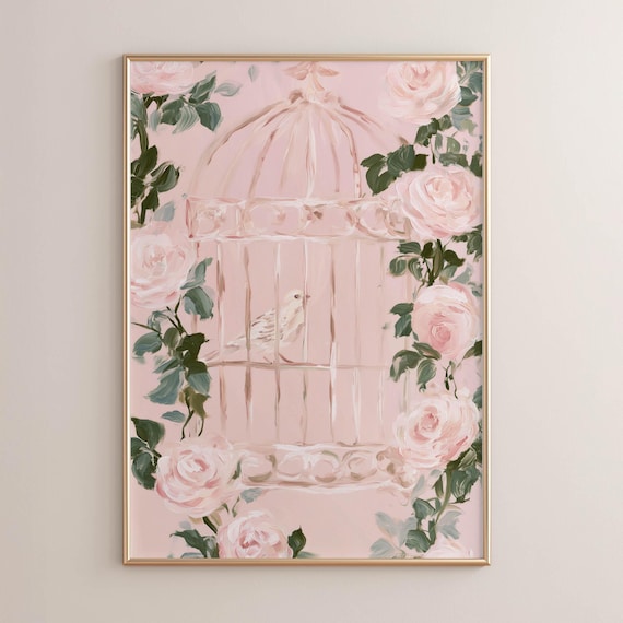 Pink Birdcage With White Bird Blush Roses Romantic Floral Shabby Chic Wall Art