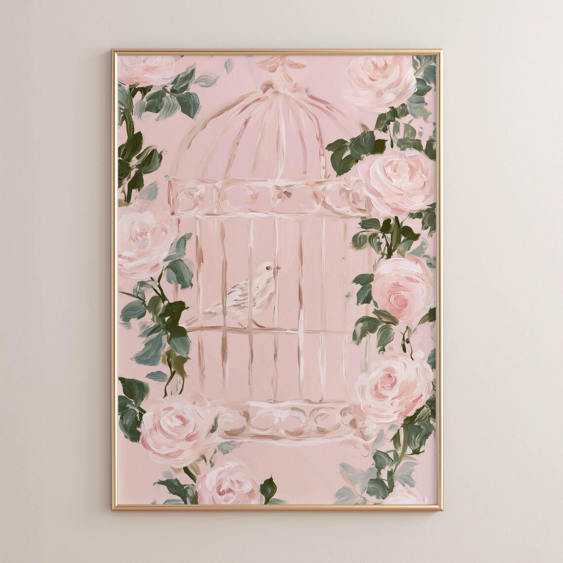 Pink Birdcage With White Bird Blush Roses Romantic Floral Shabby Chic Wall Art