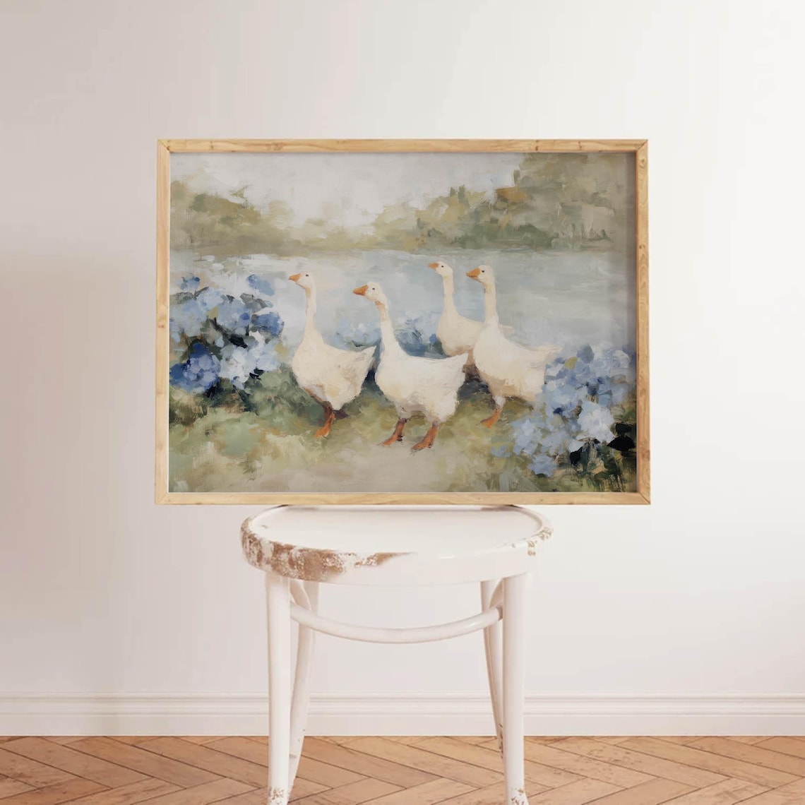 Country Geese Hydrangeas Vintage Floral Art Print