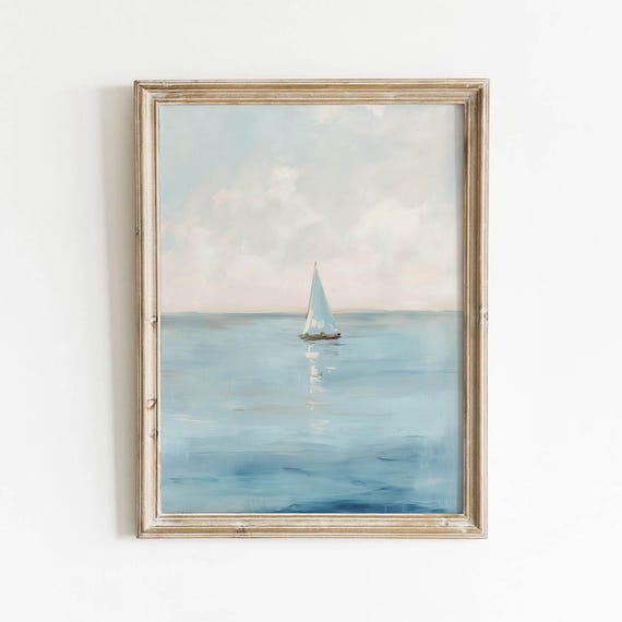Lone Sailboat On Calm Sea Printable Soft Coastal Seascape In Muted Blue Pastel Summer Beach Art Minimalist Wall Decor Digital 0292