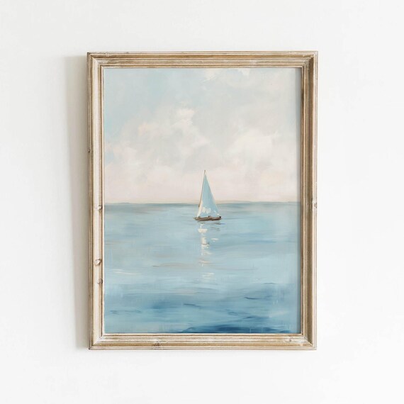 Lone Sailboat On Calm Sea Soft Blue Coastal Seascape Art Poster