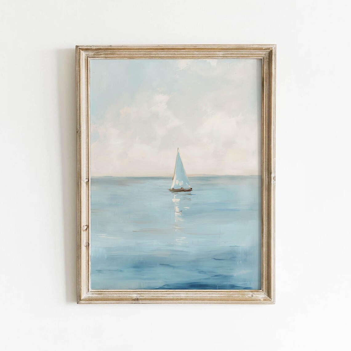 Lone Sailboat On Calm Sea Soft Blue Coastal Seascape Art Poster