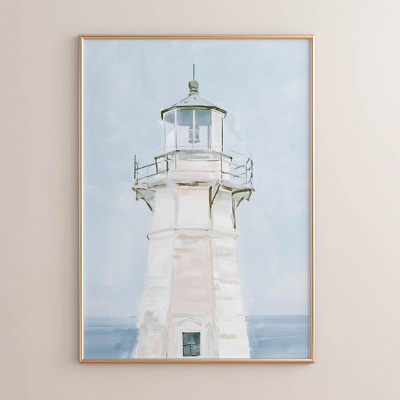 White Lighthouse Tower Coastal Watercolor Wall Art