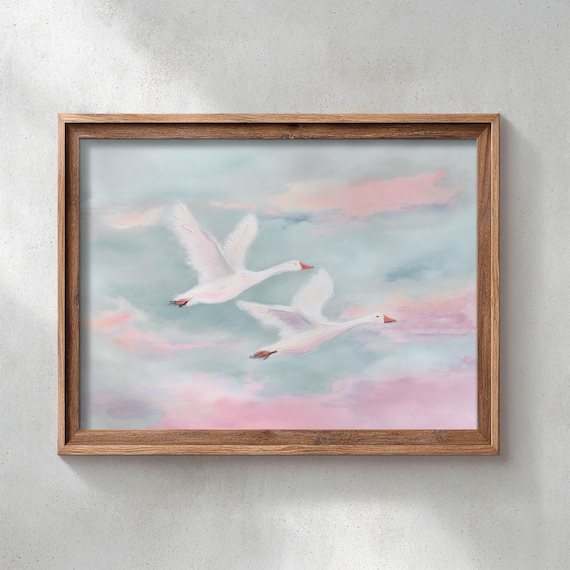 Two White Geese Flying Pastel Pink Clouds Serene Bird Wall Art
